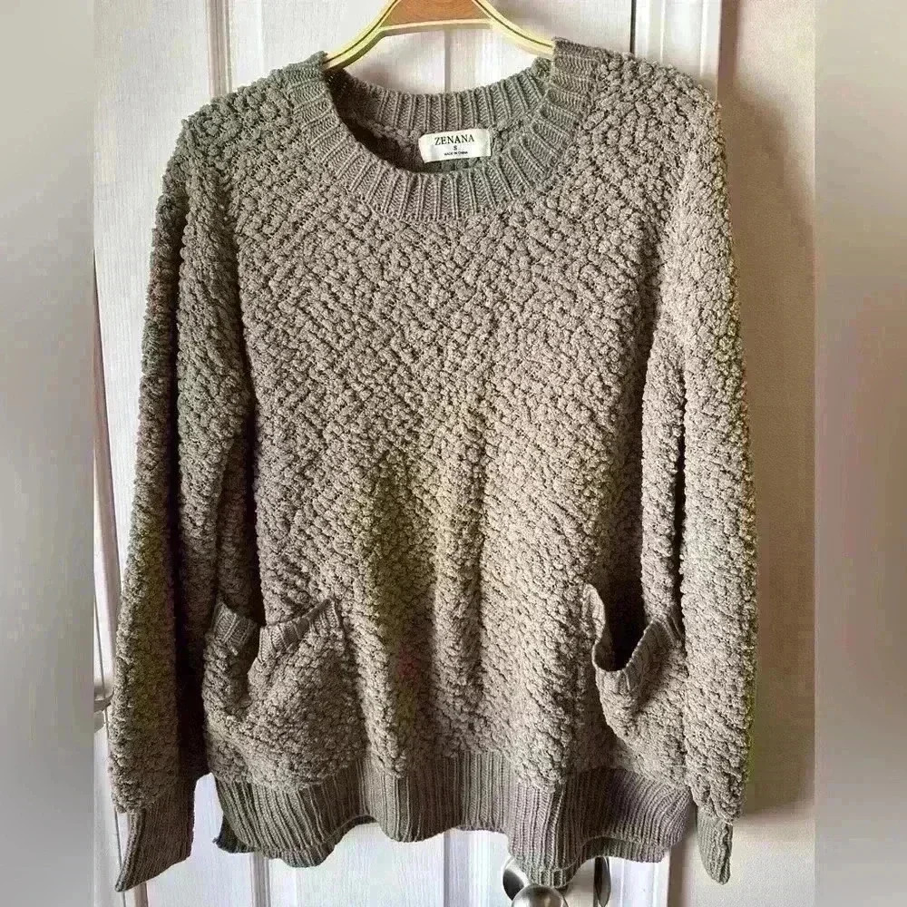 Zenana - Size S (oversized) popcorn sweater - mocha - front pockets - cozy! NEW